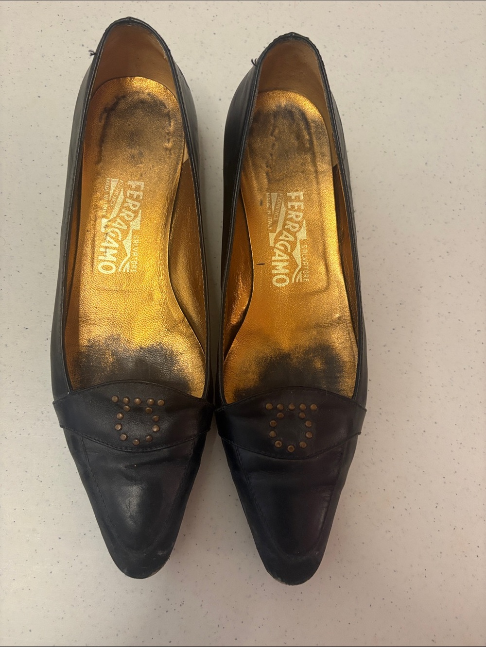 Salvatore Ferragamo Black Leather Pointed Toe Studded Flats